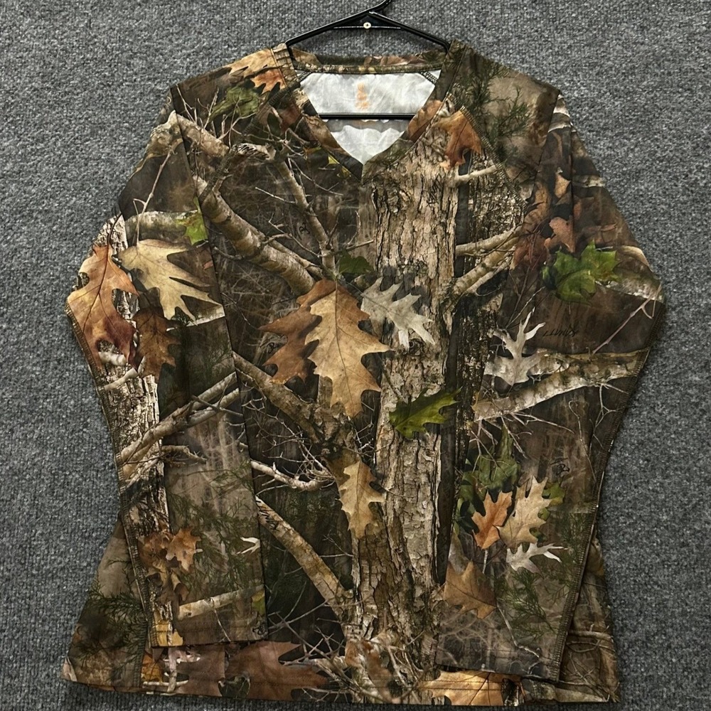 SHE Outdoor Shirt Womens Size M Brown Camo Long Sleeve V-Neck Hunting Athletic